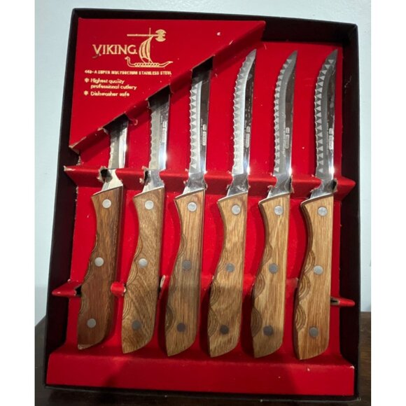 Viking 6-Pc Steak Knife Set With Super Molybdenum Stainless Steel Blades & Wood - Picture 1 of 8